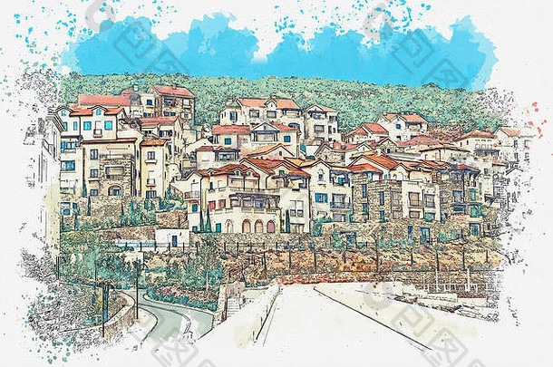 小城镇城市街道景观的水彩素描或插图。