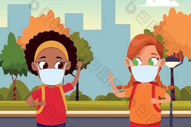 在公园里，跨种族女孩使用口罩应对<strong>禽流感病毒</strong>19型