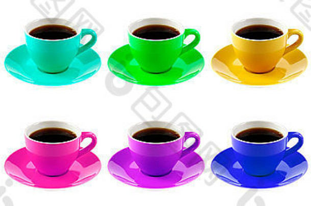 在白色背景上分离出十杯彩色咖啡