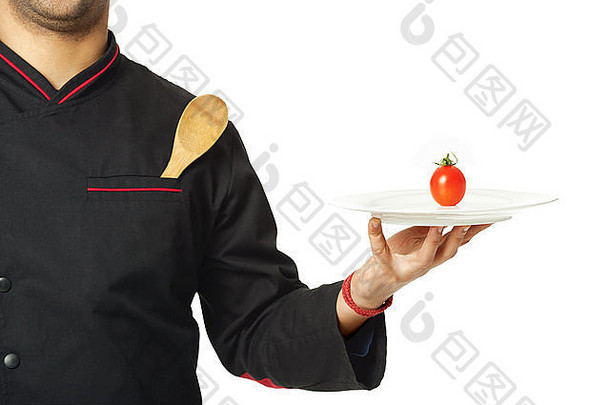 非裔美国专业厨师手持盘子-白色背景上隔离。