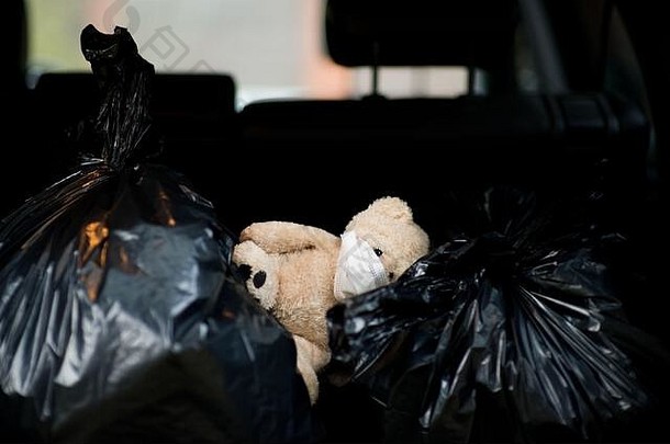 泰迪熊保护医疗绷带谎言垃圾袋树干车