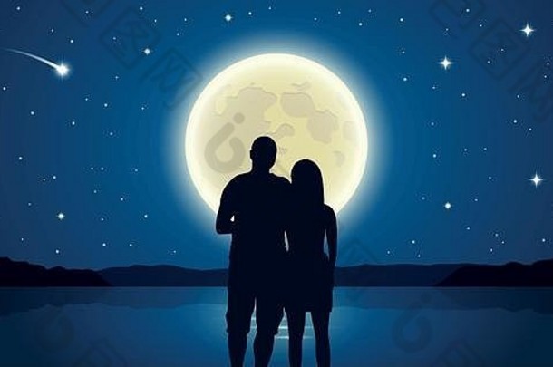 浪漫之夜在海上与满月和流星相爱的情侣