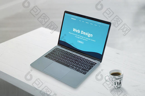 清洁平设计促销网络设计工作室网络页面移动PC概念特写镜头场景办公室工作桌子上杯咖啡
