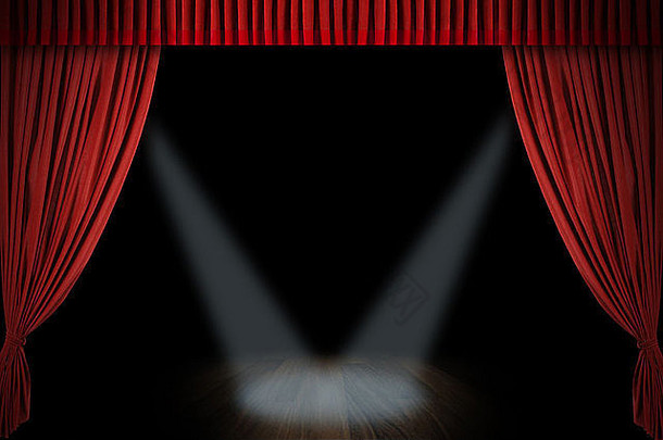带有聚光灯和深色背景的大型红色窗帘舞台开口