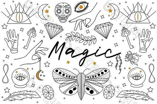 魔法手画涂鸦草图行风格集巫术符号少数民族深奥的集合手月亮晶体植物眼睛手相术
