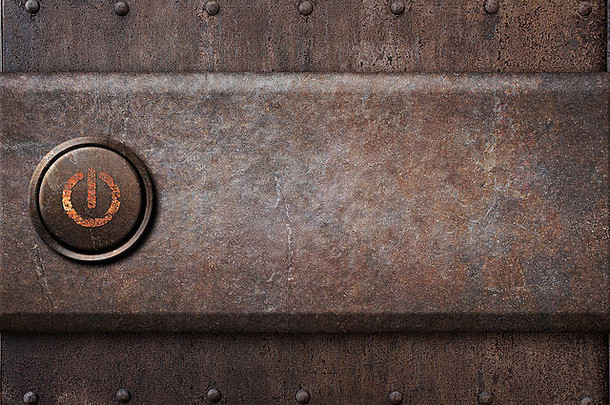 生锈的金属纹理上的电源按钮作为蒸汽朋克背景