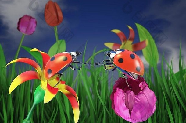 两只瓢虫坐在天空背景上的花朵上。3d渲染。