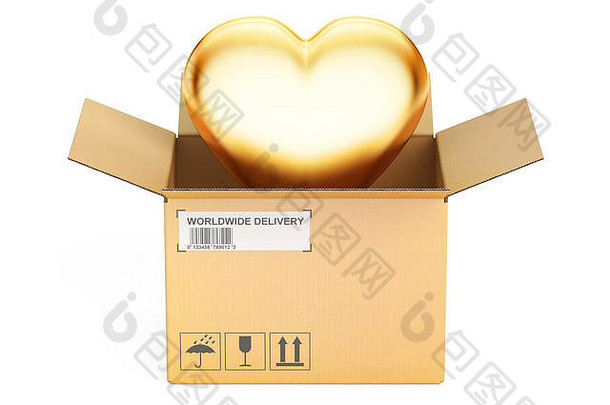 情人节一天概念纸板盒子金心呈现孤立的白色背景