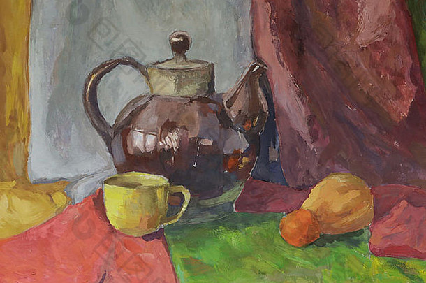 茶壶静物画。绘画纸上水粉。