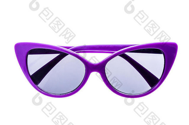 紫色儿童太阳镜、遮阳帘或隔离在白色背景上的眼镜。彩色<strong>儿童眼镜</strong>，防止阳光和紫外线照射。太阳概念