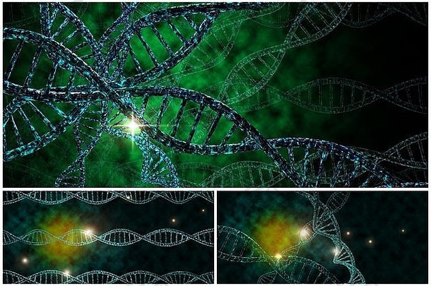 3D DNA链拼贴，色彩鲜艳，适合遗传学背景