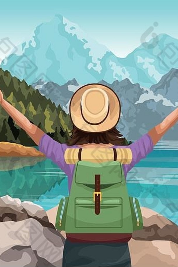 美丽的湖山景观旅行者女人他背包
