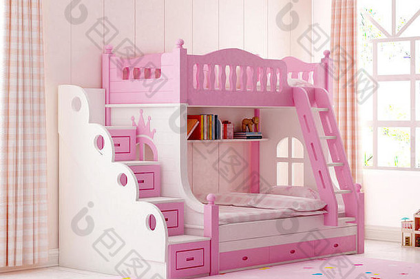 三维渲染粉色子房间