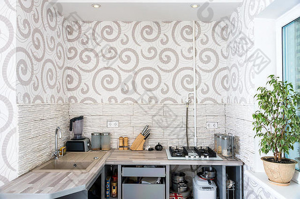 轻型公寓中的现代简约厨房室内设计。