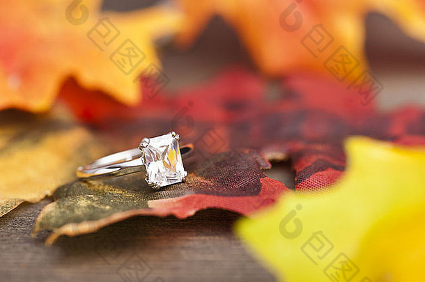 节日秋季装饰的钻石订婚戒指