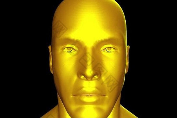 展示一个金人的头和脸。计算机生成的背景。头部流线型形状的3D渲染在屏幕上旋转