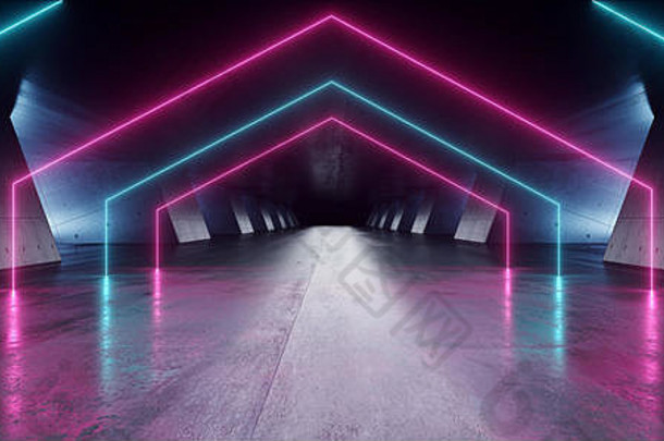 未来的霓虹灯发光三角形科幻复古抽象形状激光器紫蓝色充满活力的圆柱混凝土垃圾反射隧道外星人飞船圣
