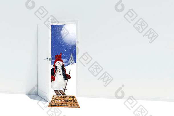 雪人滑雪板开放门口快乐圣诞节问候棕色（的）受气包雪花
