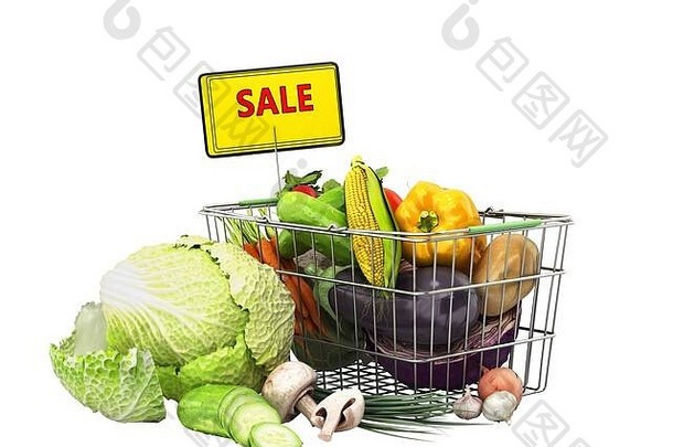 带有蔬菜和水果的购物篮新鲜食品销售概念3d渲染白色无阴影