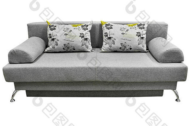 现代时尚的灰色织物沙发，带靠垫，无扶手