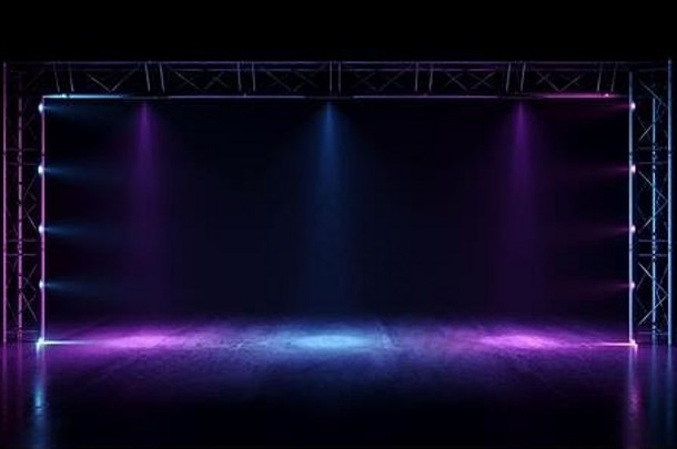 霓虹灯发光的阶段紫色的蓝色的激光荧光复古的现代未来主义的sci潘通色卡充满活力的水泥俱乐部跳舞时尚走猫步黑暗晚上难看的东西