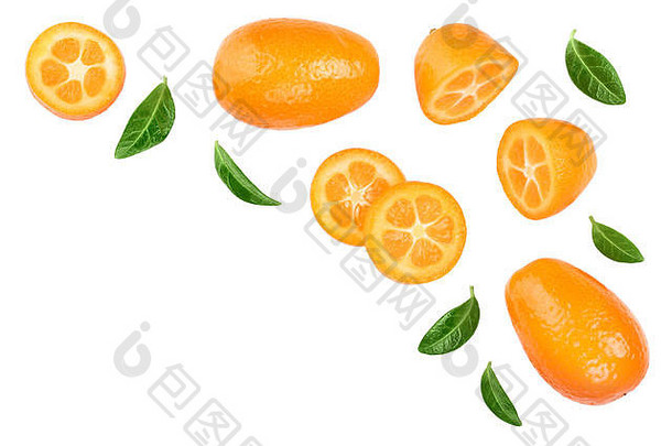金橘金橘片孤立的白色背景复制空间文本前视图平躺