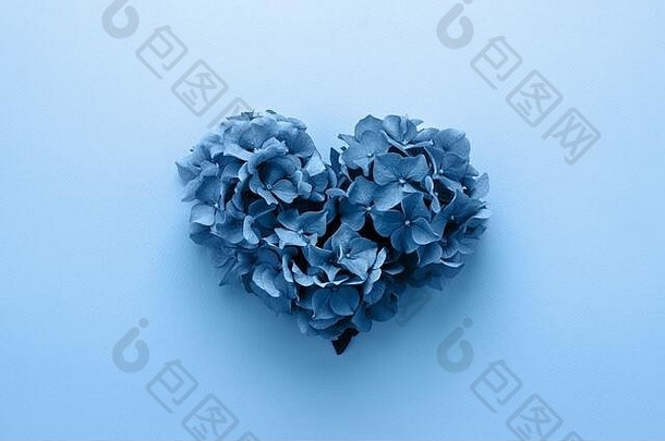 经典的情人节心形由蓝色花朵制成。平铺。2020年，爱的概念。
