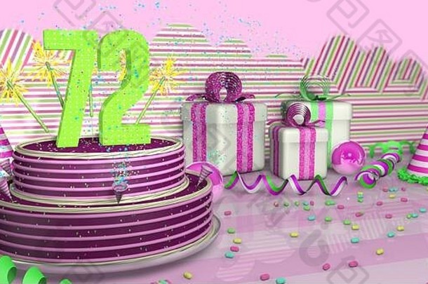 紫色的圆形72岁生日蛋糕，在明亮的桌子上装饰着五颜六色的火花和粉红色的线条，还有绿色的彩带、派对帽和带别针的礼盒