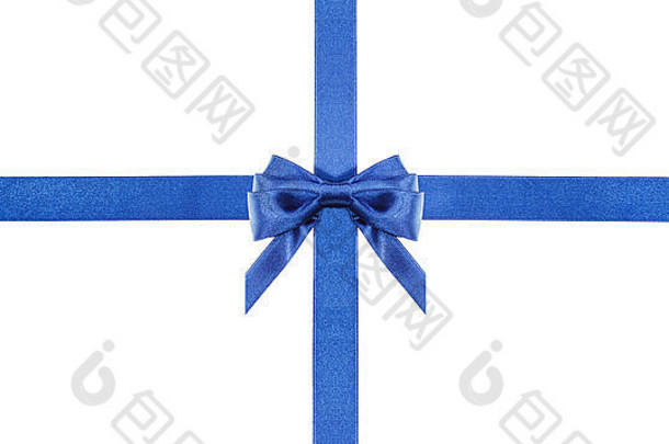 一个蓝色缎面蝴蝶结在中间，两条相交的丝带在方形白色背景上分开