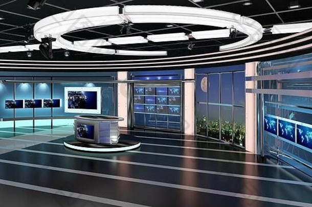 虚拟电视演播室新闻集27-4。三维渲染。虚拟设置的色度镜头工作室。只要你想，只要简单的设置，几平方英尺的