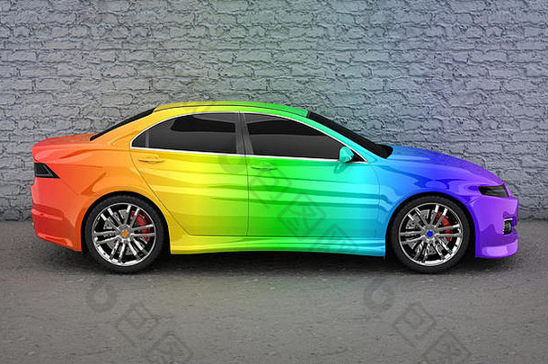 彩虹色汽车（在3d渲染中完成）