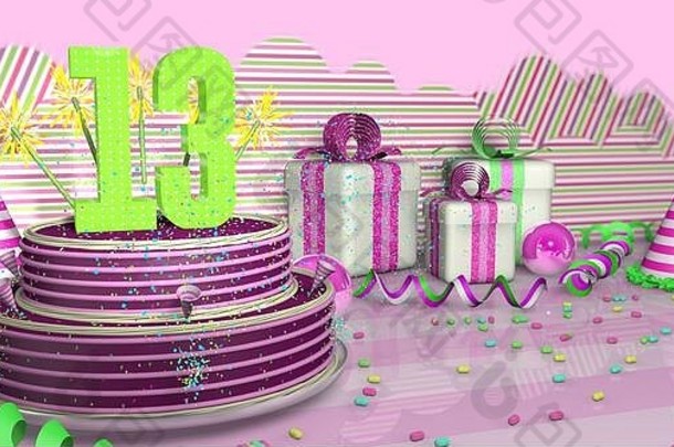 紫色的轮生日蛋糕装饰色彩斑斓的火花粉红色的行明亮的表格绿色飘带聚会，派对帽子礼物盒子销