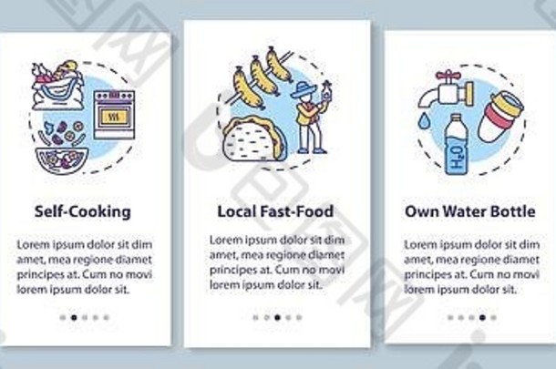 食物新员工培训移动应用程序页面屏幕概念旅游者常去的餐厅烹饪预算旅行预排步骤图形