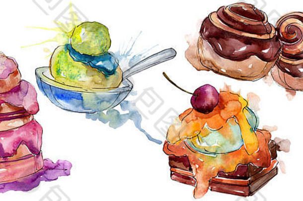 美味的蛋糕和面包甜点。水彩背景插图集。独立甜点插图元素。