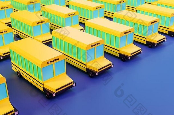 在霓虹灯颜色的蓝色背景上3d渲染多辆校车。返校概念