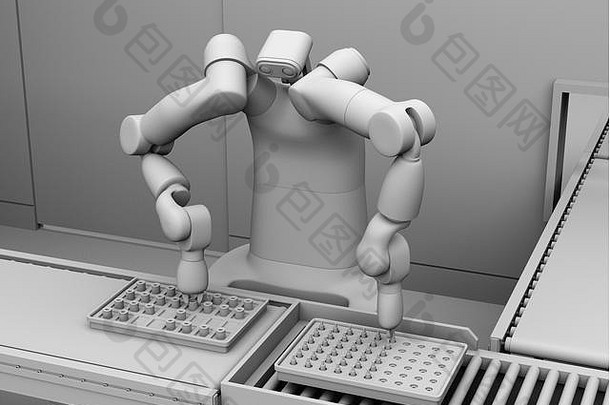细胞生产空间中双臂机器人装配电机线圈的粘土绘制。协作机器人概念。三维渲染图像。