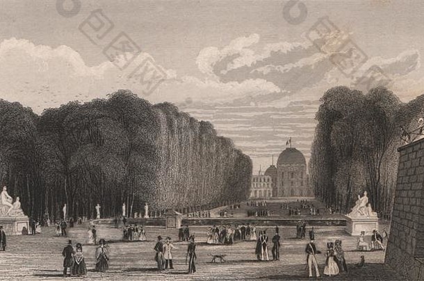 巴黎花园的Tuileries到了大主菜比克内尔打印