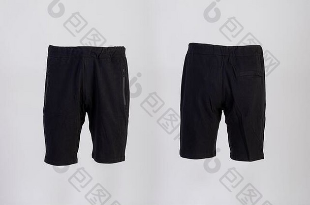 运动短裤，黑色，前视图和后视图与白色隔离。