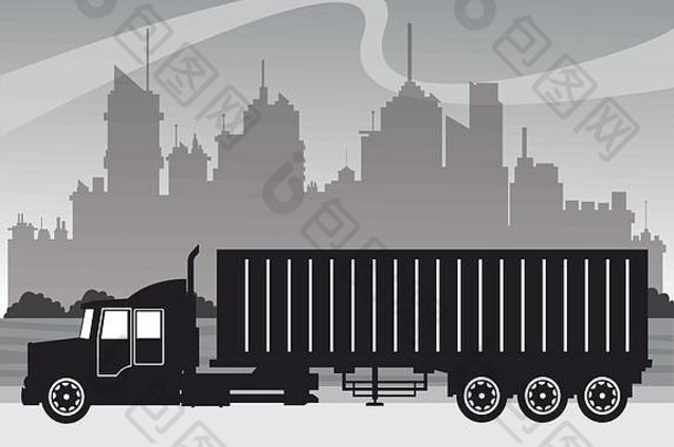 卡车运输集装箱城市背景剪影