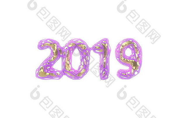 2019年新年快乐横幅由粉色塑料线制成，内有金芯，在白色背景上隔离，在雾、雾或烟雾中使用godrays灯光。抽象三维插图