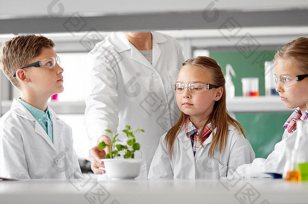 学生和老师在生物课上与植物交流
