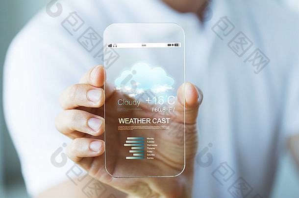 手部特写与智能手机上的天气预测