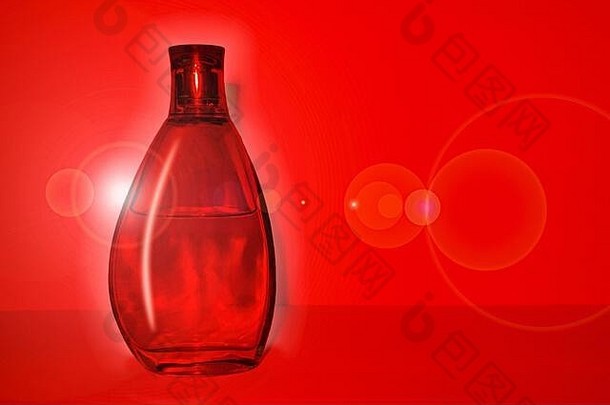 透明玻璃瓶，纯液体，深红色背景，有复印空间。香水瓶特写