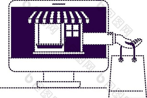 桌面电脑前面视图在线商店购物袋屏幕紫色的虚线轮廓
