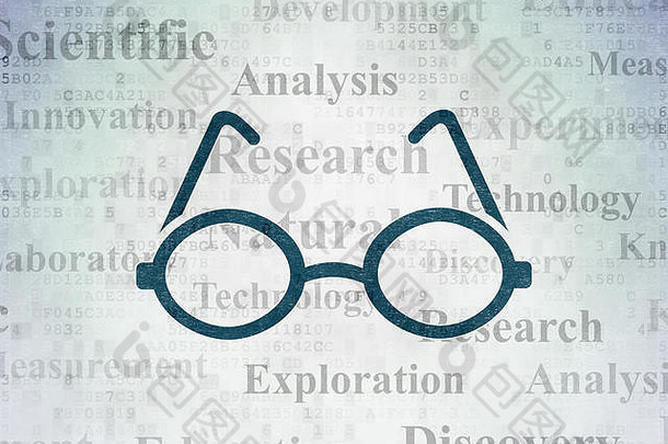 科学概念：数字数据纸背景上的眼镜
