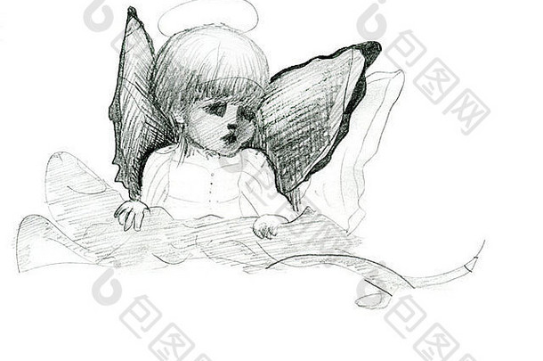 带翅膀和光环的小天使涂鸦带翅膀和光环的铅笔素描