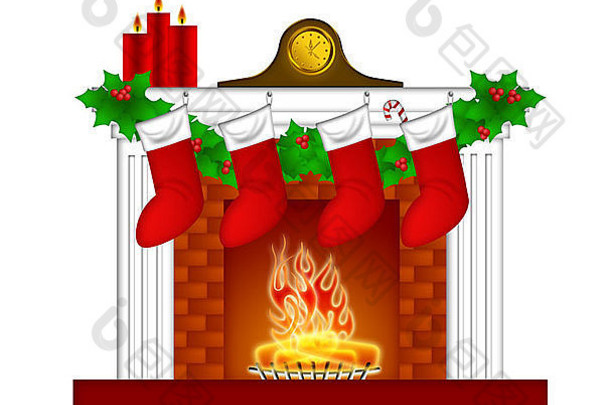 壁炉圣诞节装饰加兰长袜支柱蜡烛桌布时钟插图