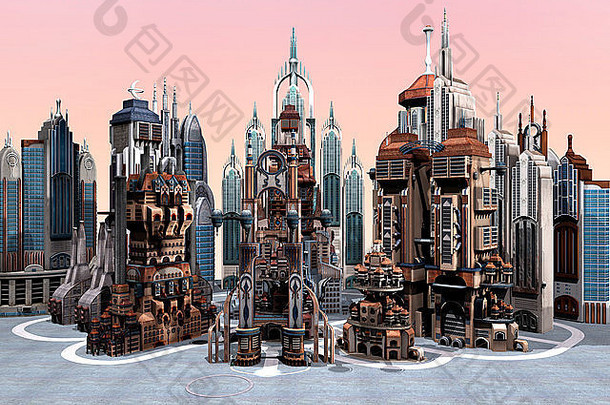粉色天空背景下科幻未来主义城市的3D数字渲染