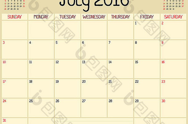 2016年7月的月度计划日历。使用自定义手写样式。