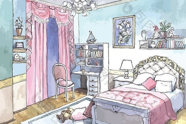 卧室设计水彩绘画